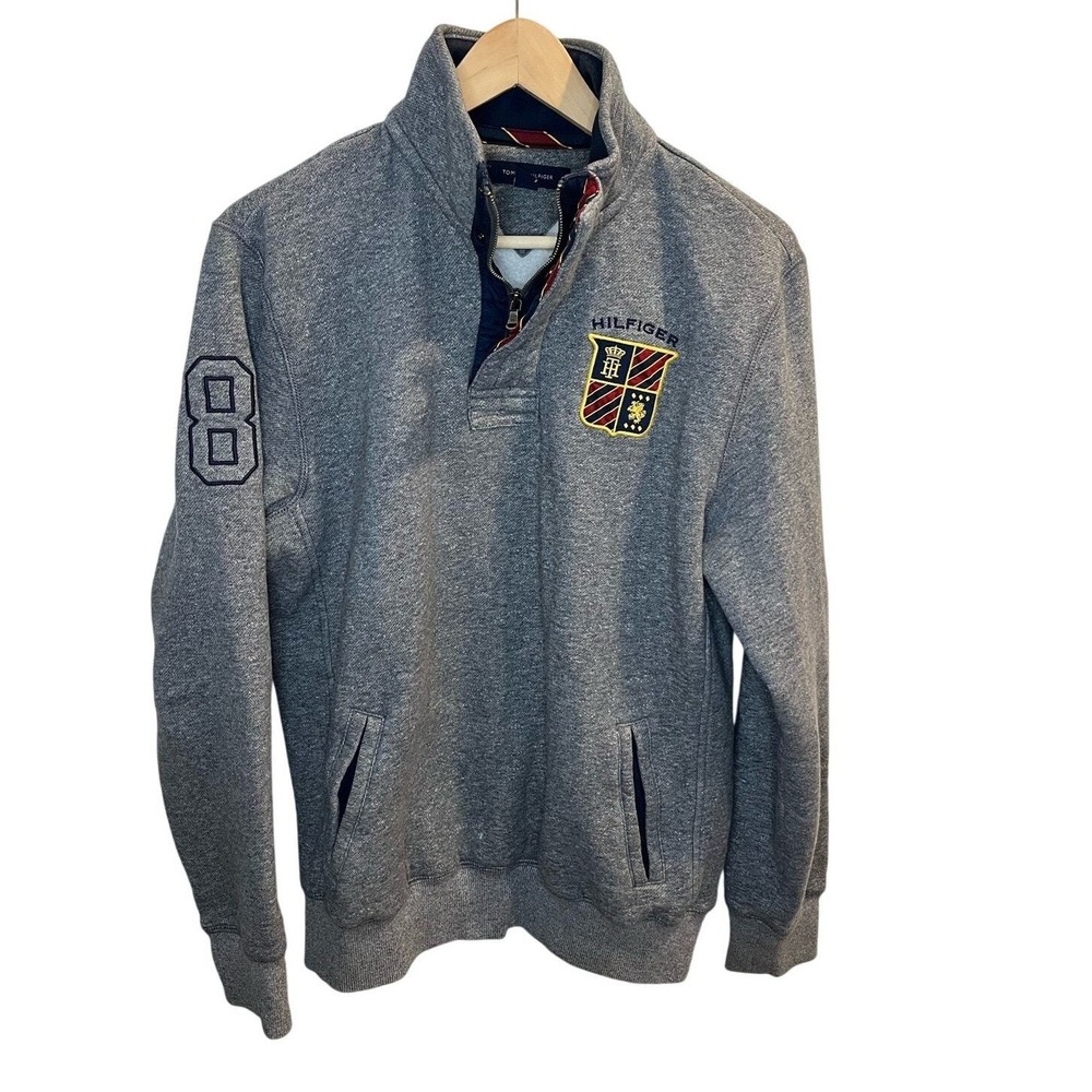 Tommy Hilfiger Mens Gray 1/4 Zip Sweatshirt Embroidered Crest Size M Heritage